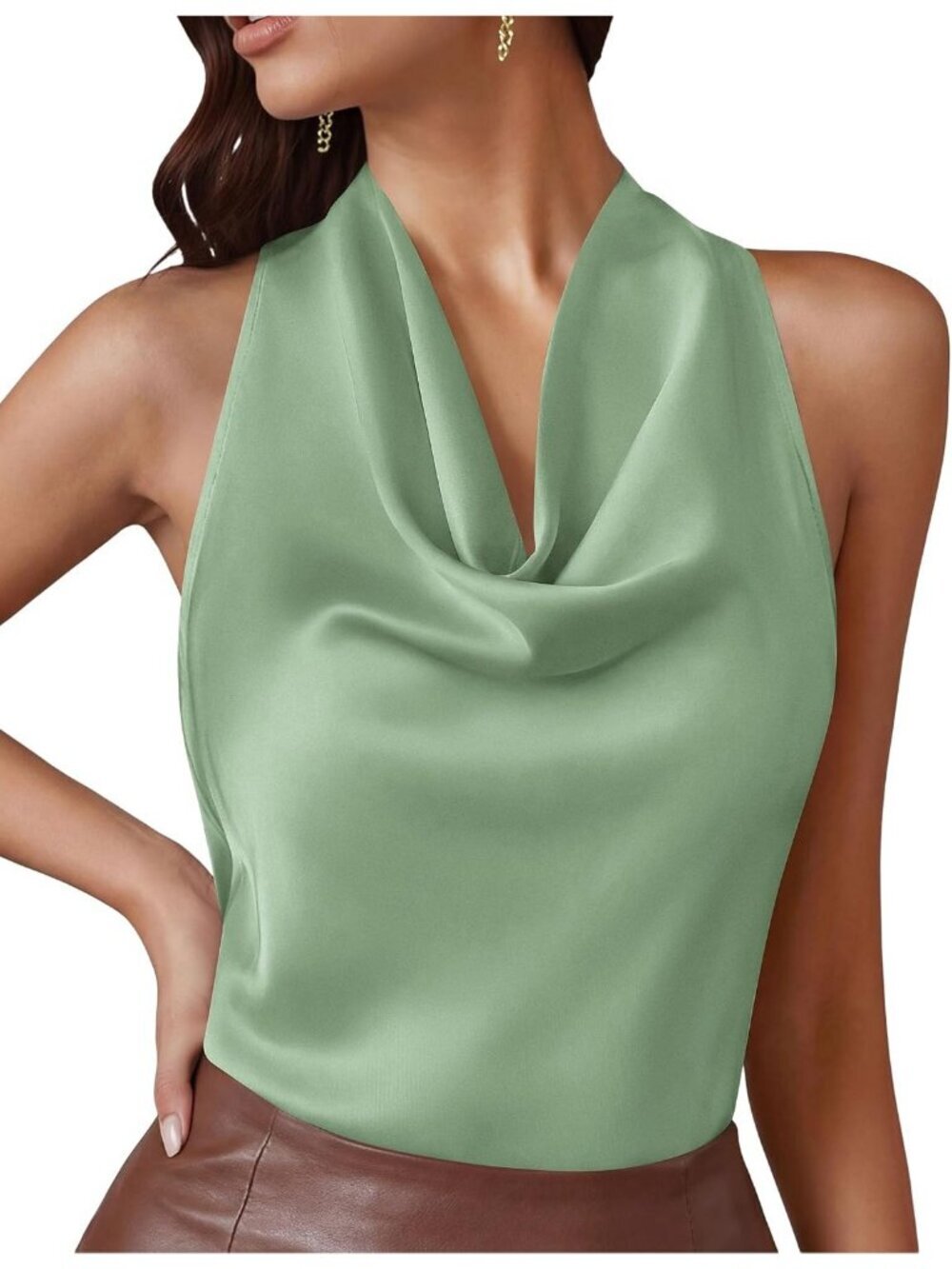 Women's Light Green Cowl Neck Silk Blouse Sleeveless Date Night Satin Halter Top